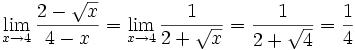 当 x 趋近 4 时 (2-sqrt(x))/(4-x) 的极限 = 当 x 趋近 4 时 1/(2+sqrt(x)) 的极限 = 1/4