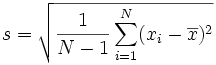 [(1/(N-1)) 乘以 (xi - xbar)^2 从 i=1 to N 的总和] 的平方根